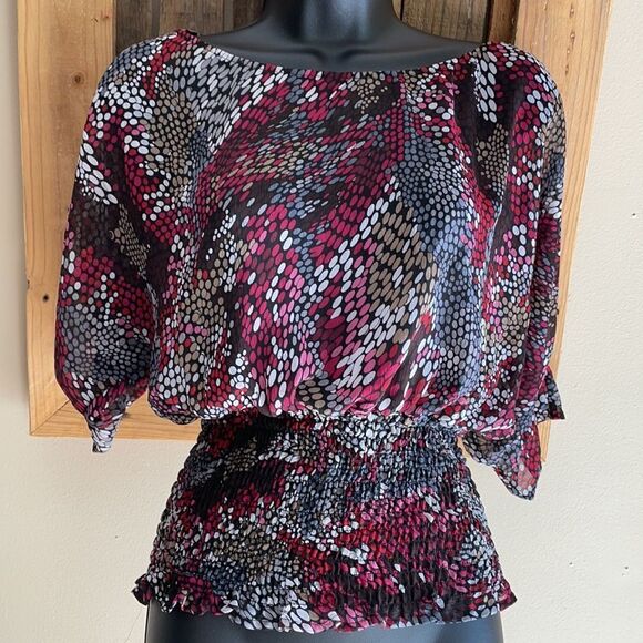 Guess Sheer Red Wine Black Gray Cropped Blouse Elastic Waist Size XSmall - Picture 2 of 14